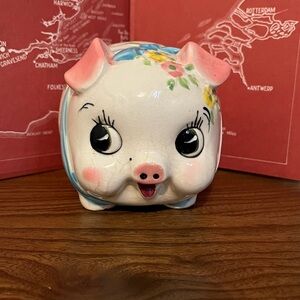 Vintage Big Eye Piggy Bank 1950s–70s Blue Bow & Flowers Ceramic Collectible
